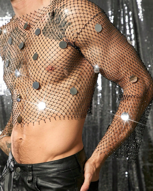 Rhinestone Sequined Full Sleeve Crop Top for Men