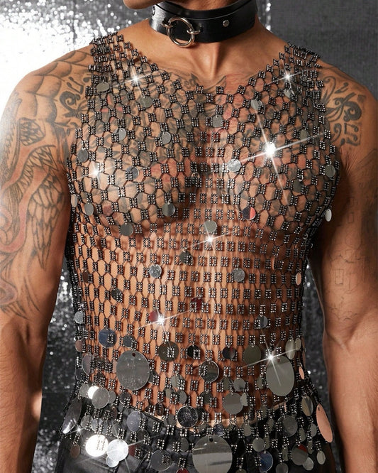 Rhinestone Studded Hollow Sequin Top for Men