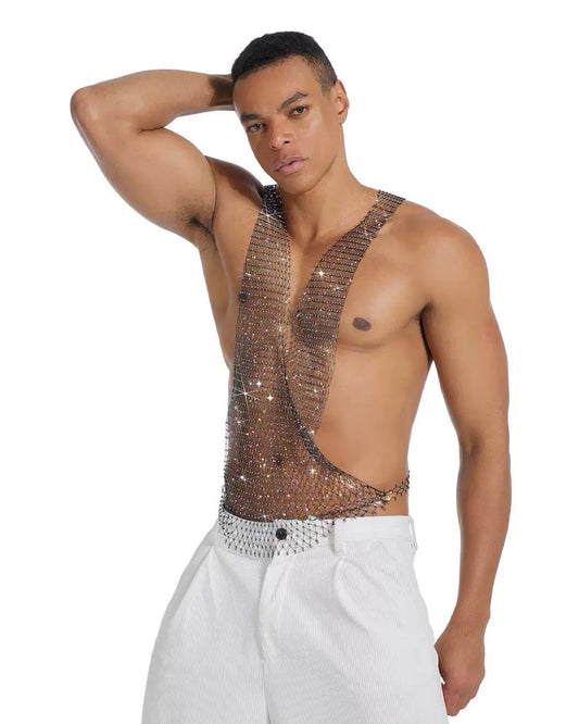 Rhinestone Hollow Mesh Top for Men