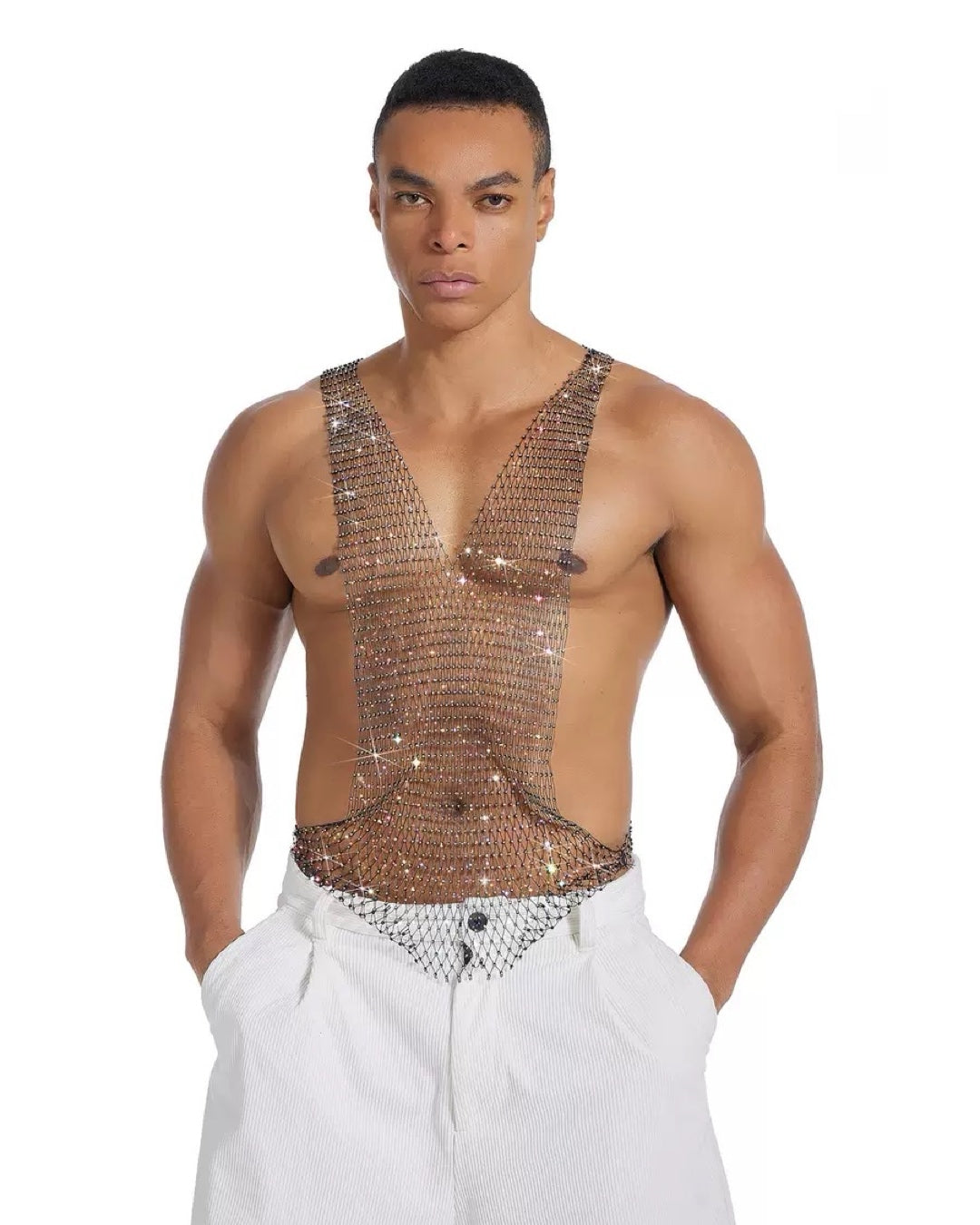 Rhinestone Hollow Mesh Top for Men