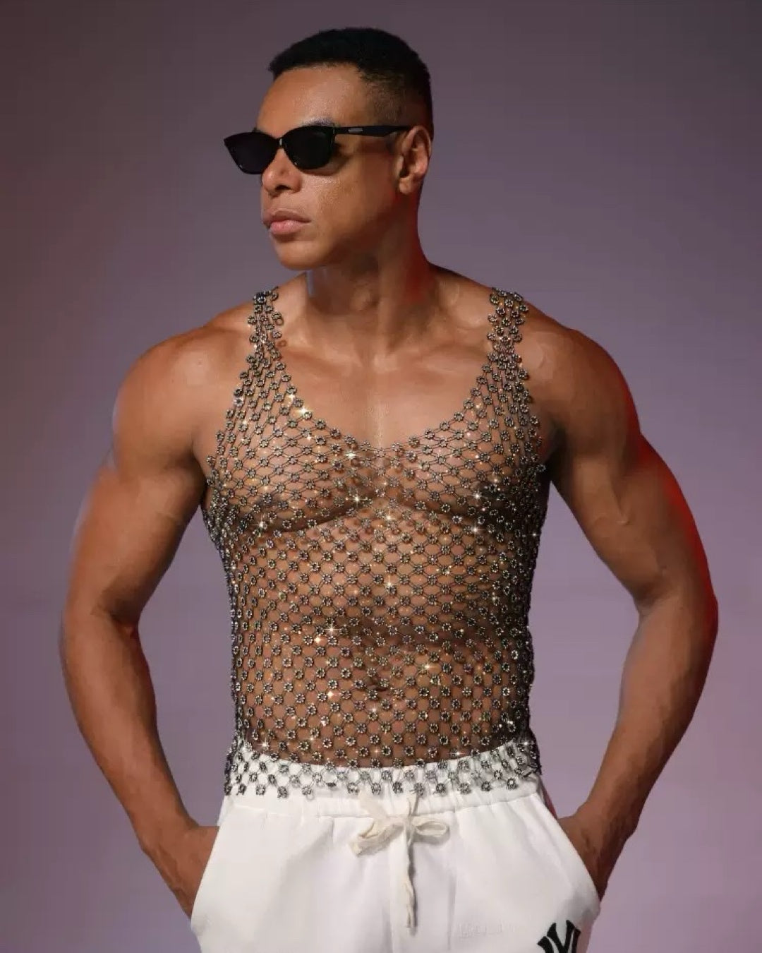 Flora Rhinestone V-Neck Top for Men