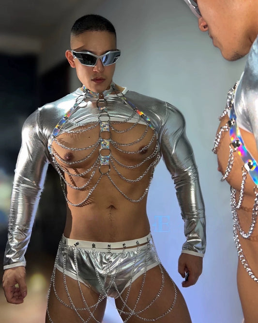 Gogo Men Liquid Silver Harness Costume