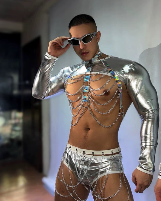 Gogo Men Liquid Silver Harness Costume