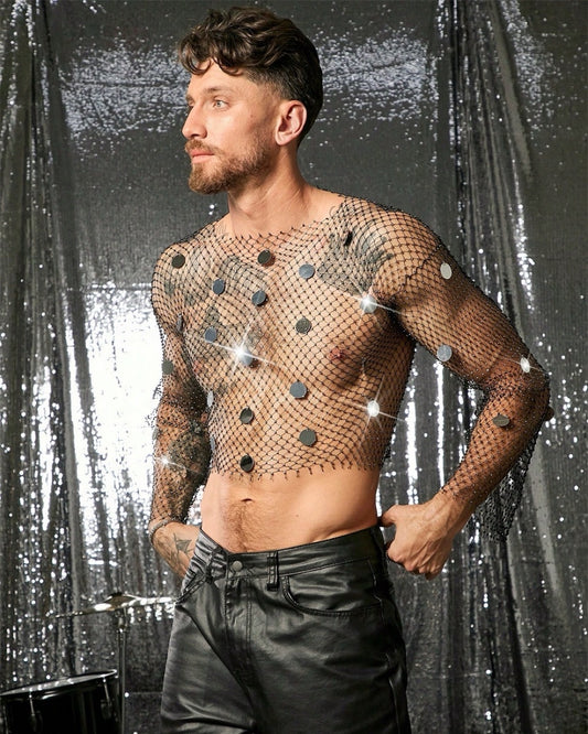 Rhinestone Sequined Full Sleeve Crop Top for Men