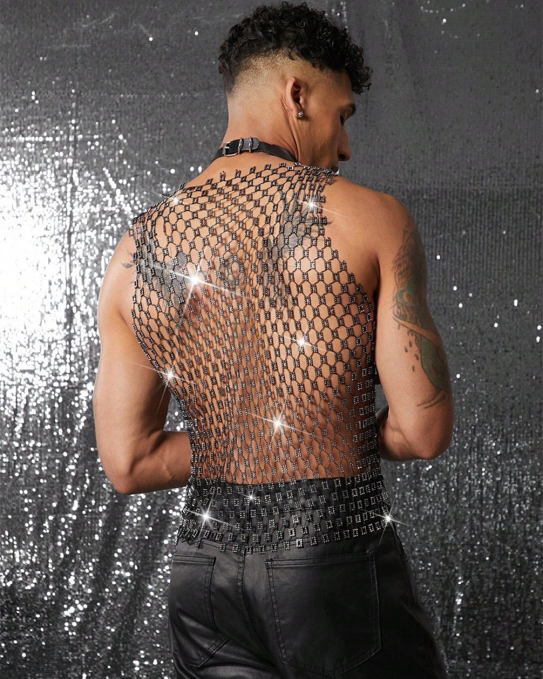 Rhinestone Studded Hollow Sequin Top for Men