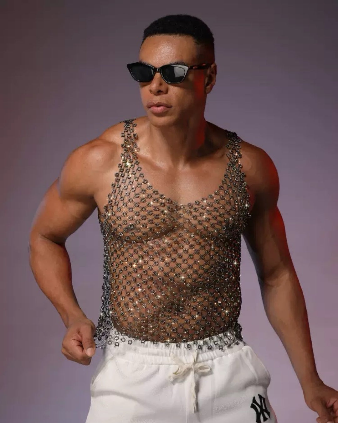 Flora Rhinestone V-Neck Top for Men